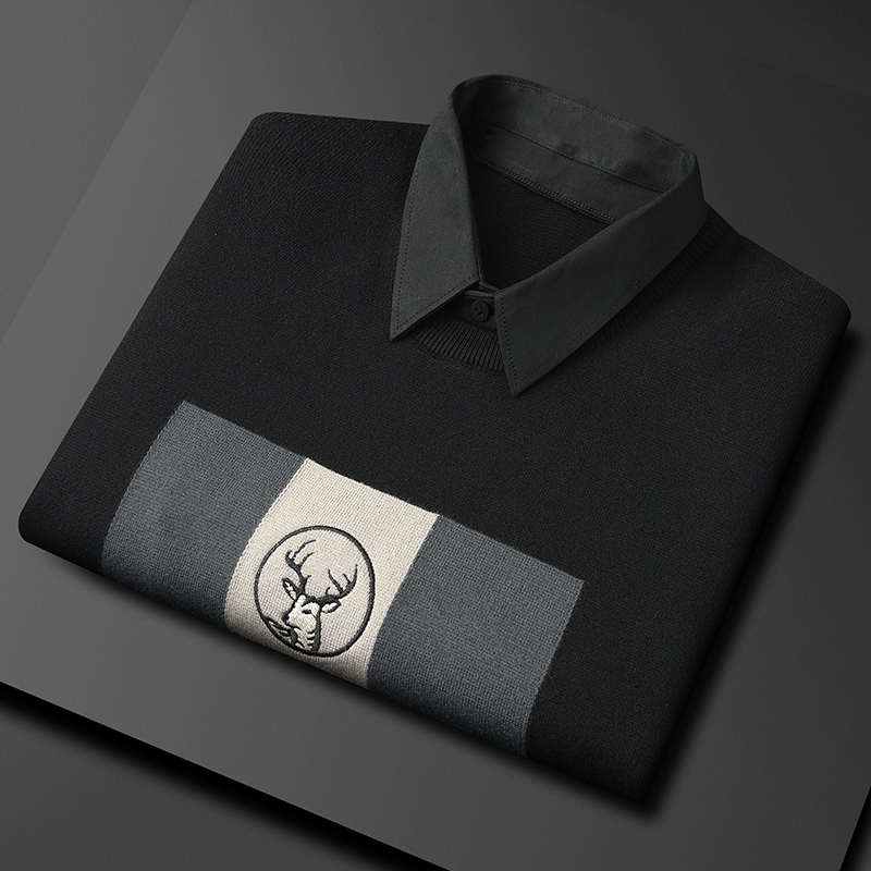 假两件毛衣男秋冬季新款衬衫潮流刺绣加绒休闲保暖加厚带领针织衫