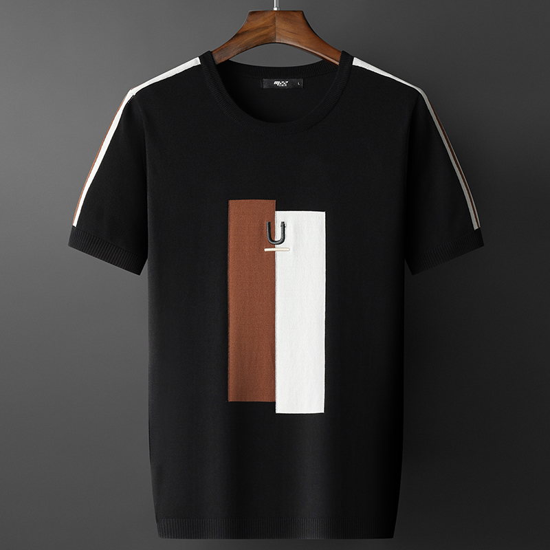 男士针织短袖薄款冰丝半袖宽松潮流撞色t恤刺绣图案2022夏季新款
