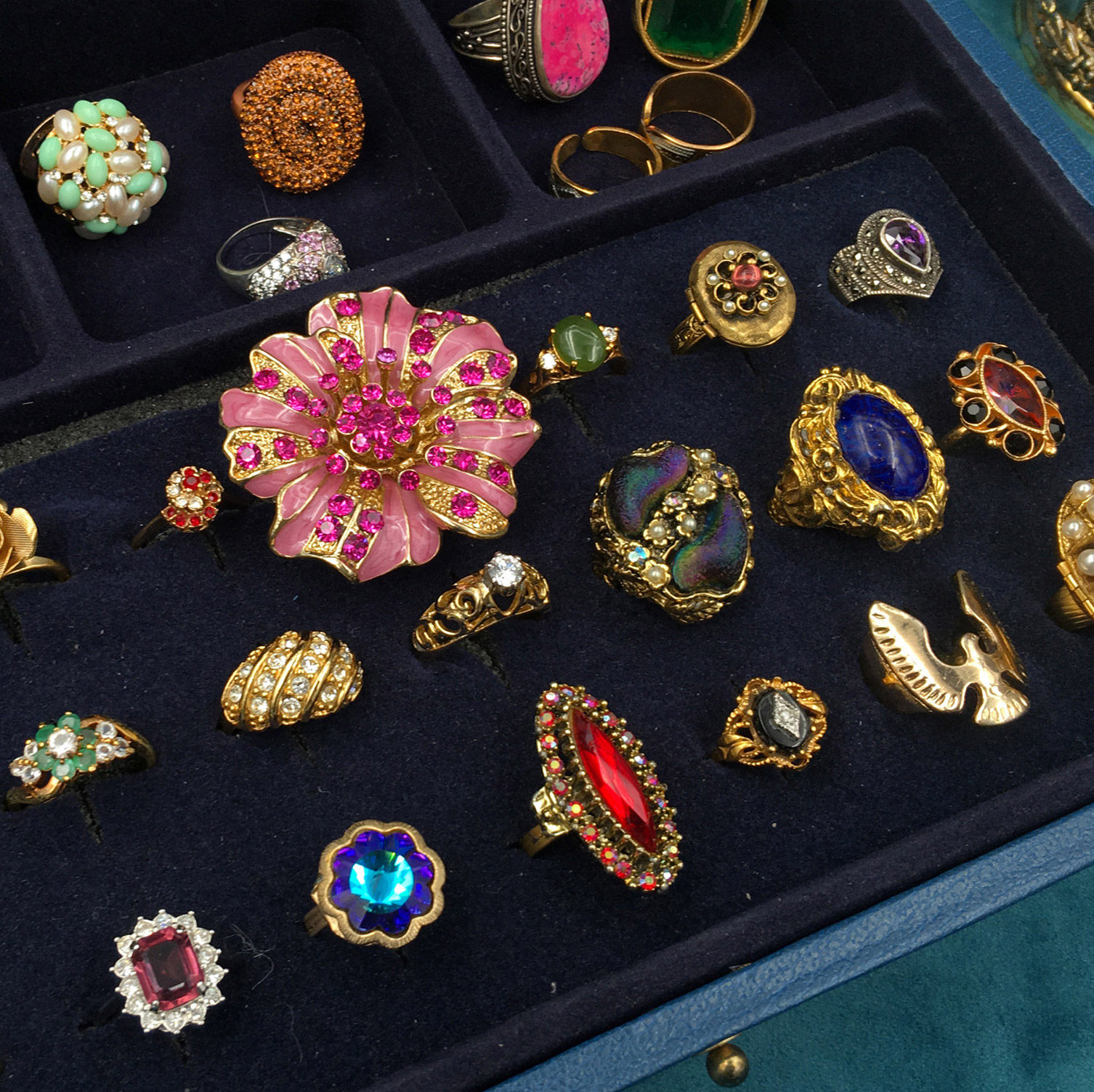 vintage复古董首饰舶来品金色水钻银松石霍瓦纳戒指指环集