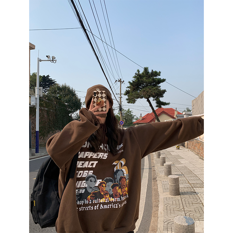 NIDEBLACK自制加绒加厚卫衣女2021秋冬季新款美式复古外套ins潮