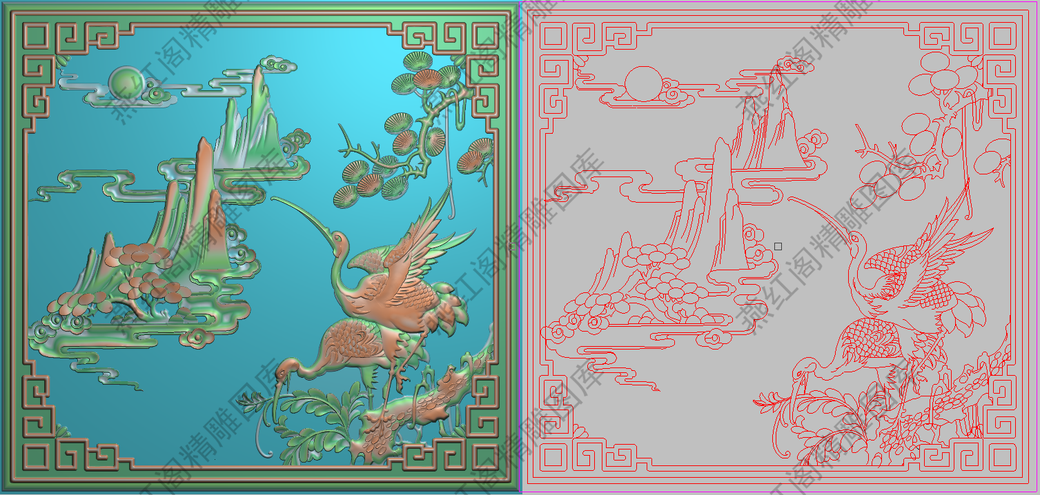 新款祥云山水精雕灰度浮雕仙鹤延年门板背板设计素材