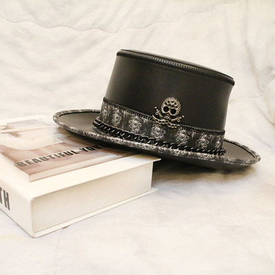 原创海盗骷髅头哥圆顶蒸汽朋克万圣节瘟疫医生皮革高筒魔术礼帽帽子