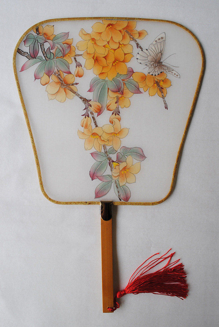 手绘绢扇国画工笔荷花迎春花绢布真丝团扇宫扇工艺扇