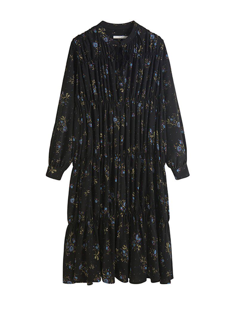 赫本风法式复古黑色碎花连衣裙小个子高级感别致打底长袖裙女秋季