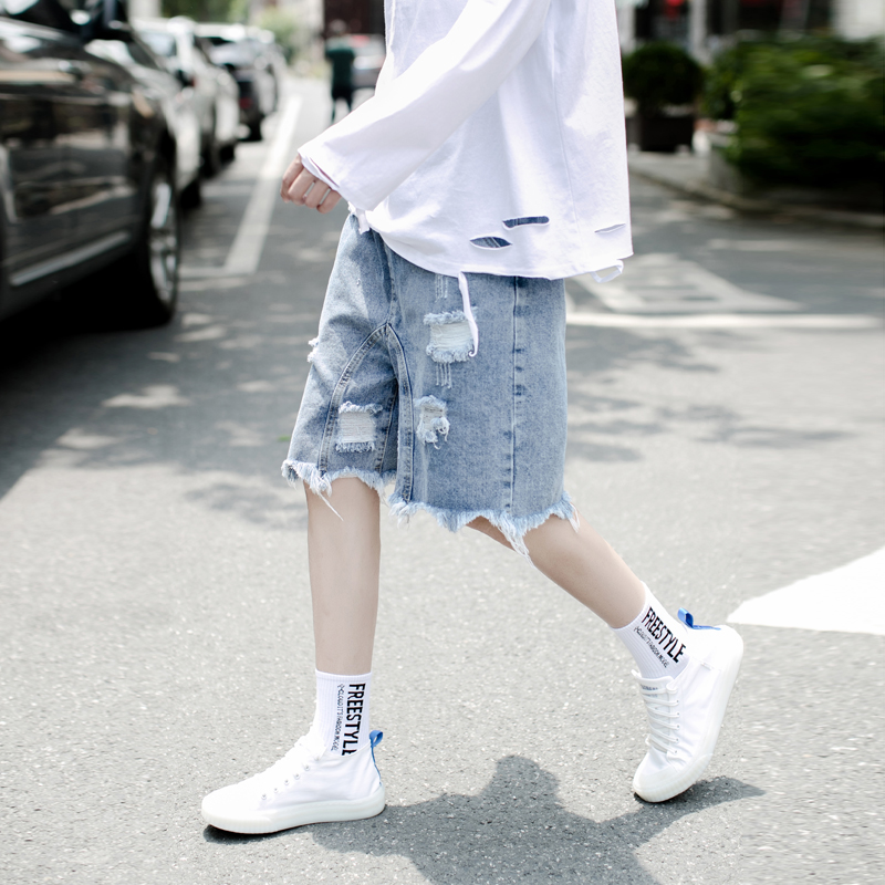 破洞牛仔短裤男夏外穿宽松直筒美式hiphop炸街痞帅裤子高街ins潮