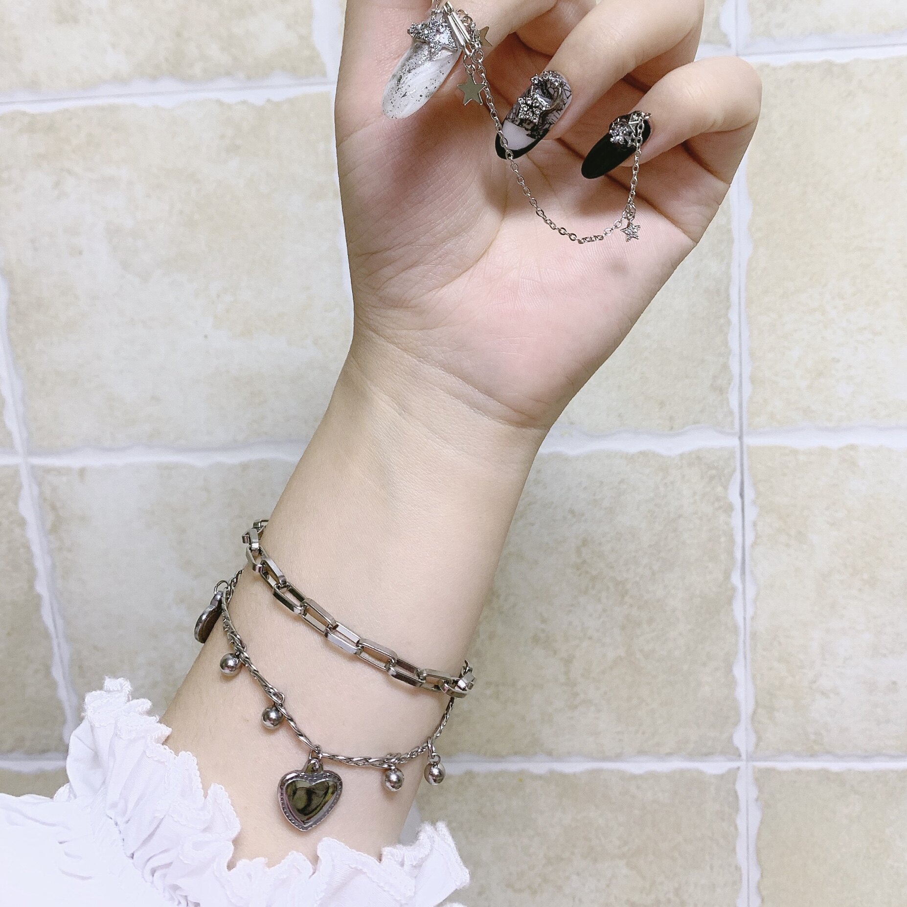 手链双层甜美美少女ins朋克钛钢爱心网红链条手链