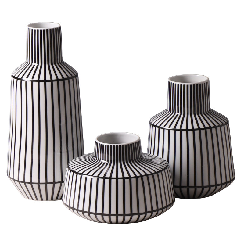 北欧黑白拼色条纹花瓶样板房陶瓷插花摆件创意花瓶