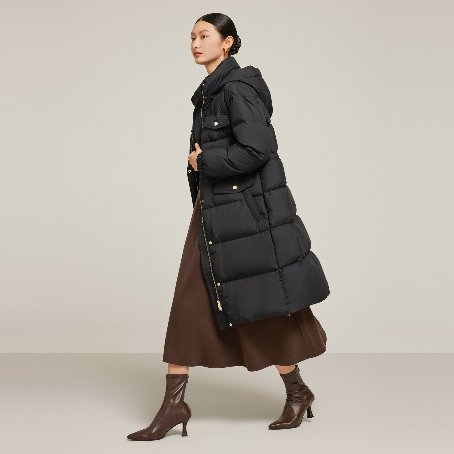 jz玖姿直身型中长羽绒服2022冬季新款白鸭绒帽羽绒服