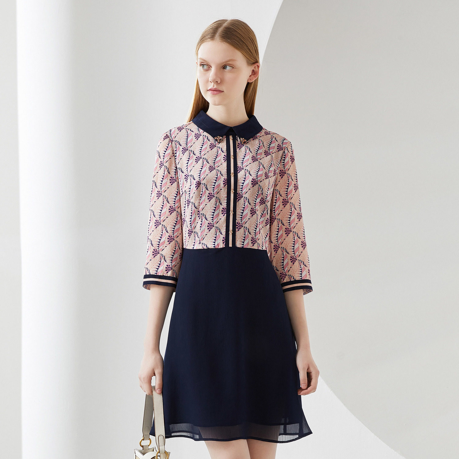 juzui玖姿女装2020秋季新款衬衫领亮亮钻撞色连衣裙