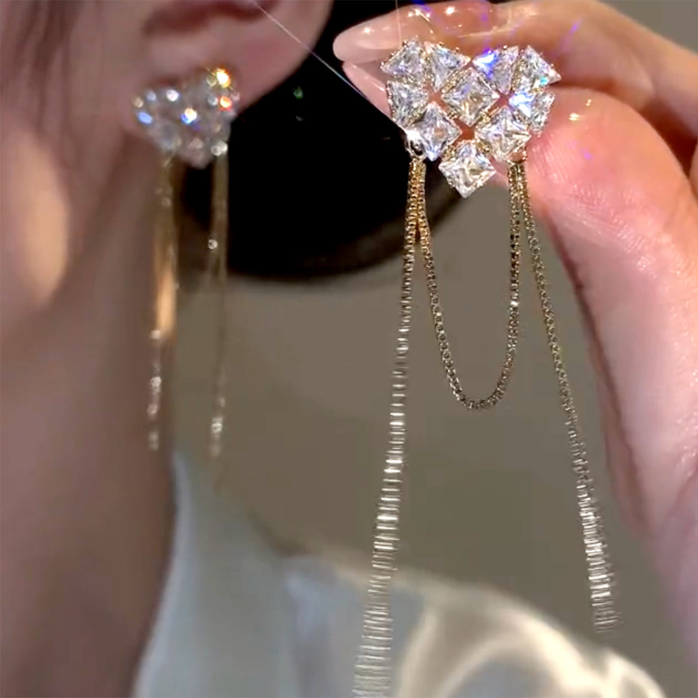 网红精致锆石爱心长款流苏耳坠气质奢华高档耳环