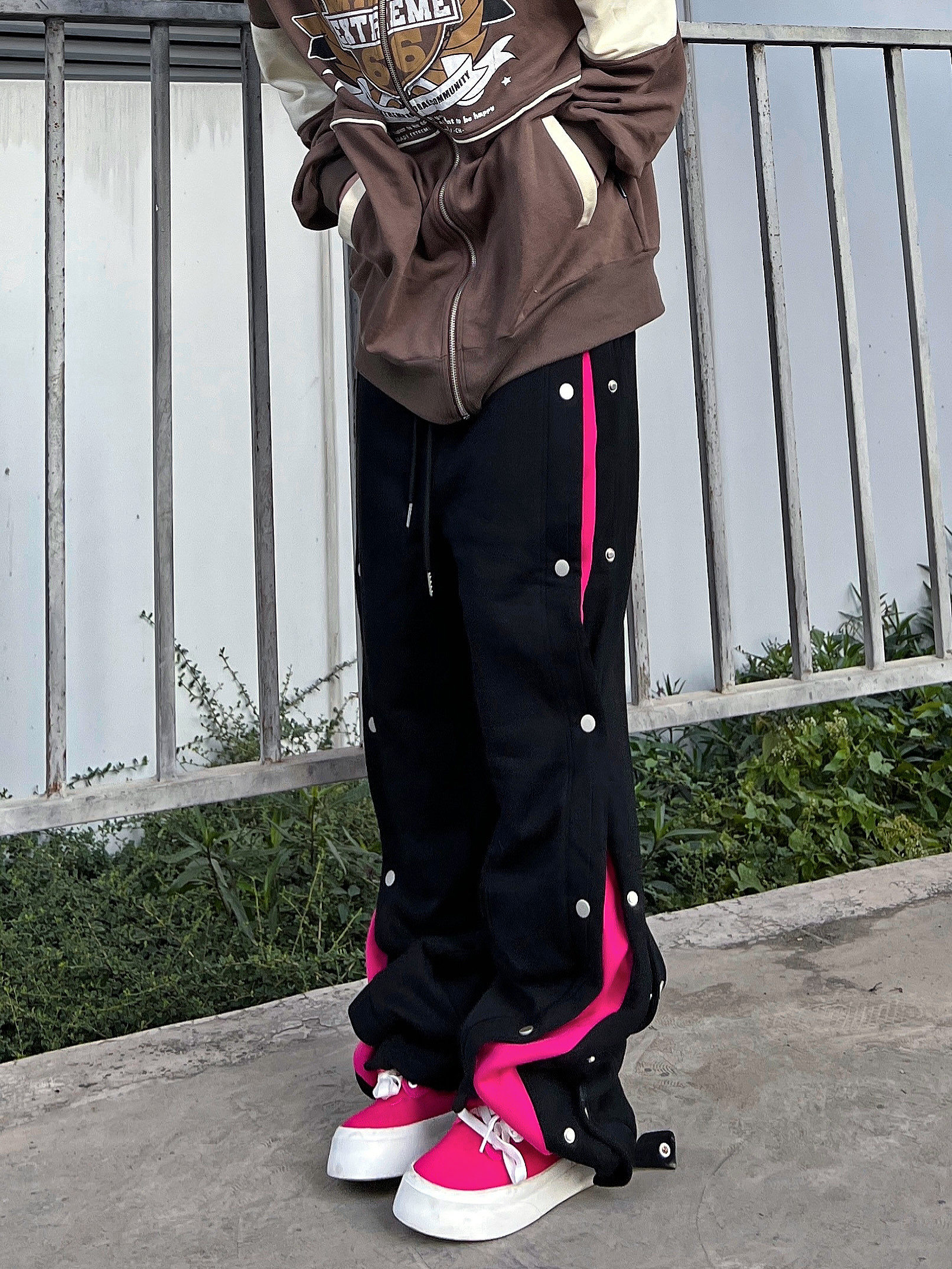 F383 2022AW国潮原创撞色排扣重磅款式卫裤高街流行宽松休闲长裤