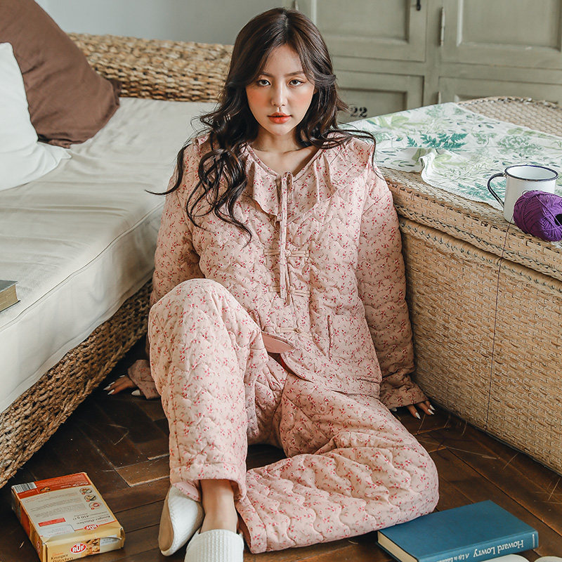 族玛加厚秋冬家居服碎花纯棉保暖棉袄三层冬天睡衣