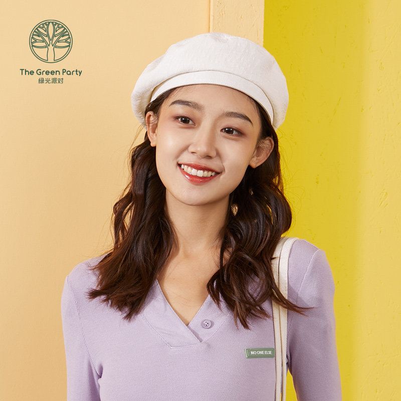 thegreenparty光身休闲平顶白色贝雷帽2021韩版南瓜画家帽子