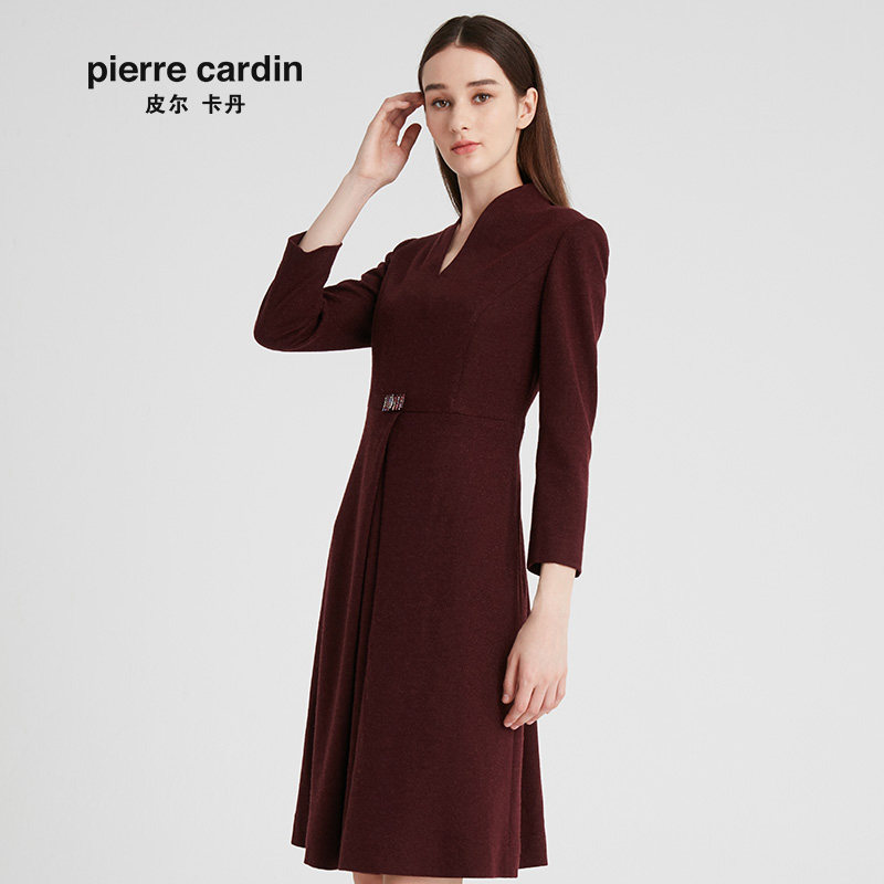 皮尔卡丹女装2020秋冬新款红色羊毛连衣裙中长裙子连衣裙
