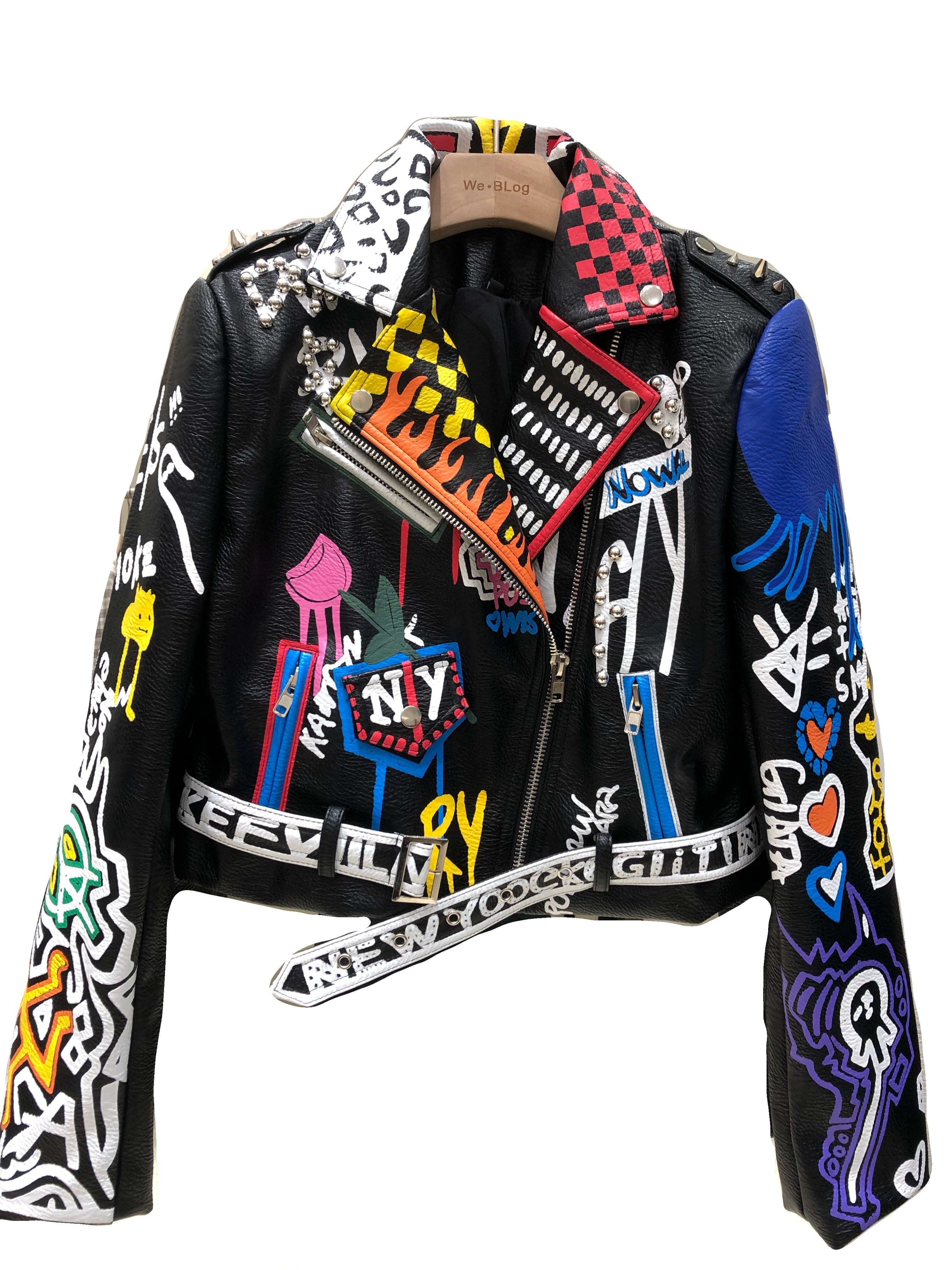 2019春季新款泰国潮牌徽章铆钉涂鸦皮衣外套皮衣