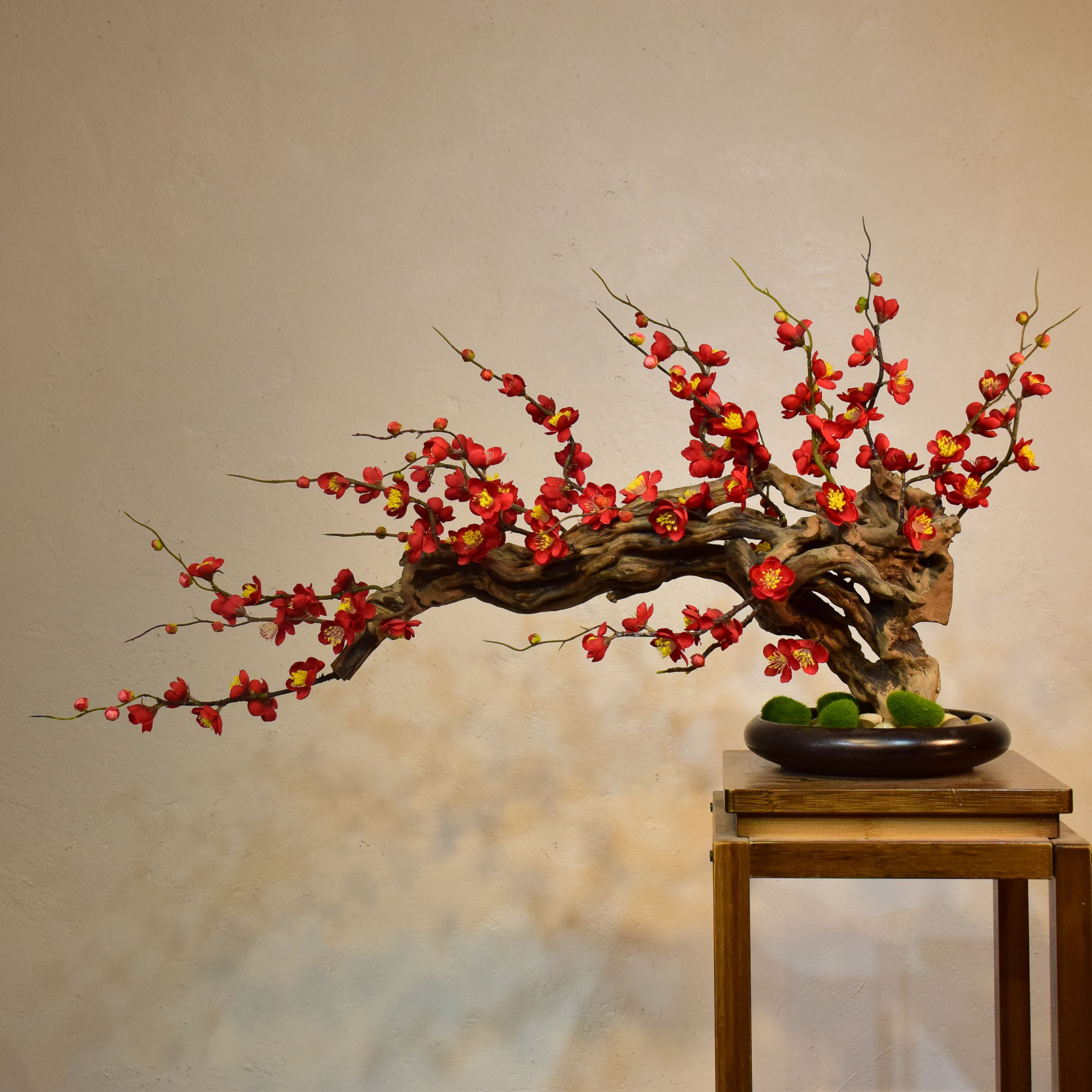 中式仿真花艺植物盆栽红色梅花盆景样板房茶室摆件