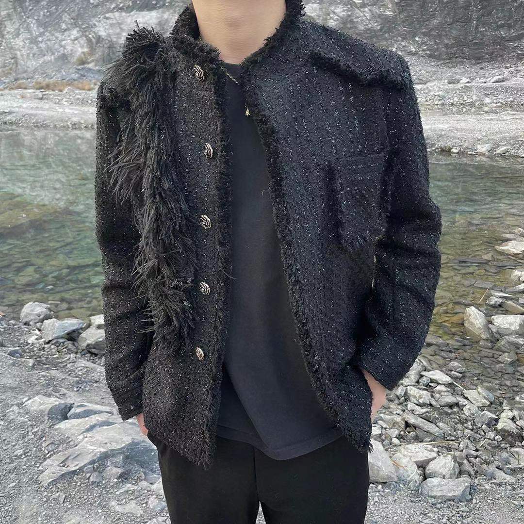 ROOLRREN 奢潮富贵公子慵懒小香风男女款鸟毛立领高街夹克外套