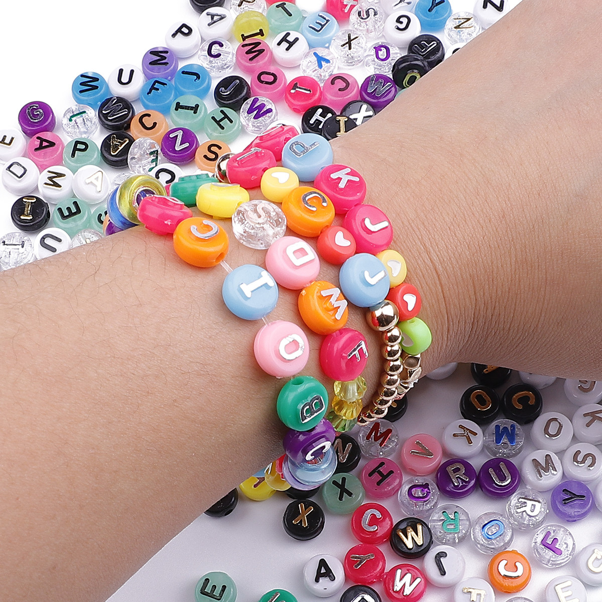 50颗亚克力粉色字母扁珠diy串珠珠子手工手工制其他diy饰品配件