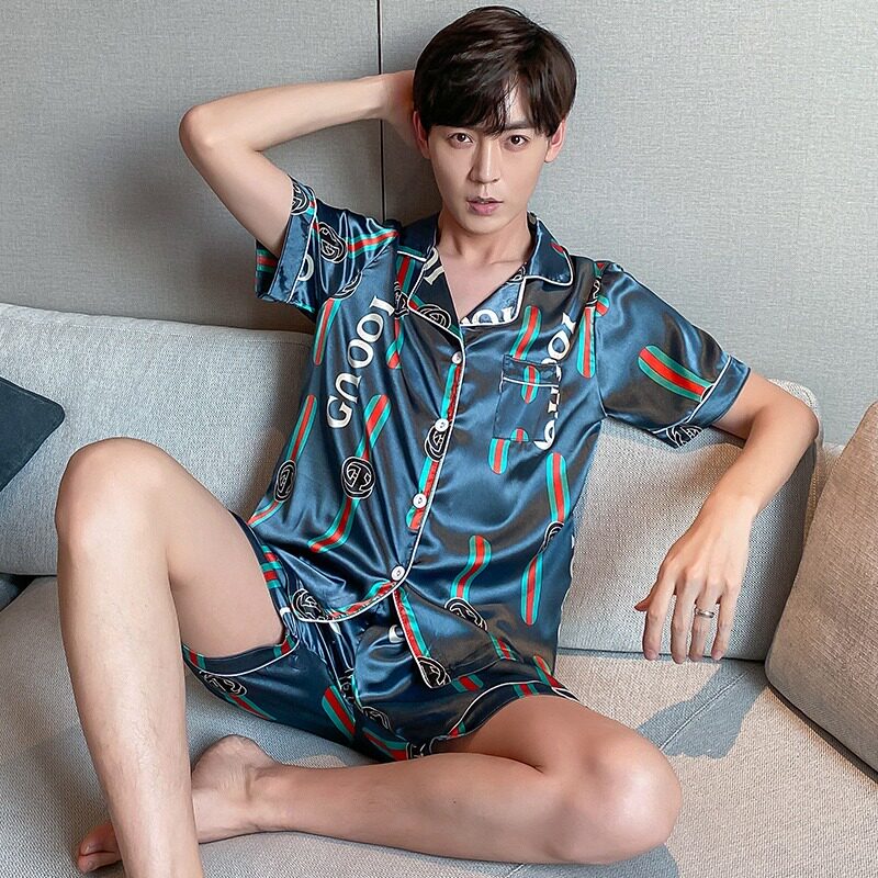 睡衣夏季新款冰丝短袖短裤印花酷奇蓝色简约睡衣