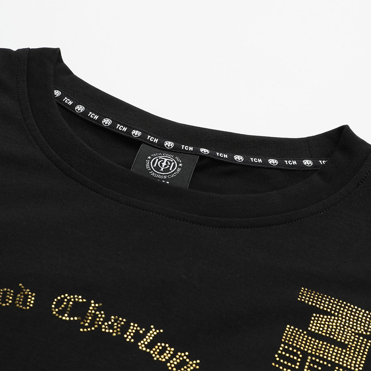 直播tch轻奢潮牌字母翅膀烫钻黑色恤男女同t恤