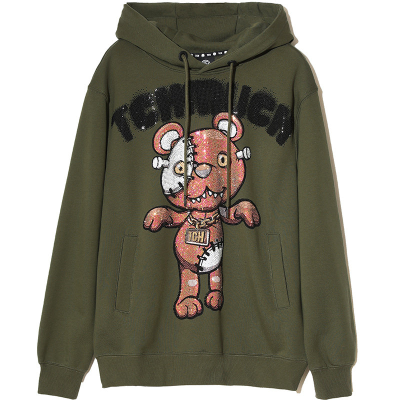 tch轻奢潮牌补丁熊烫钻绿色帽衫t213126046卫衣