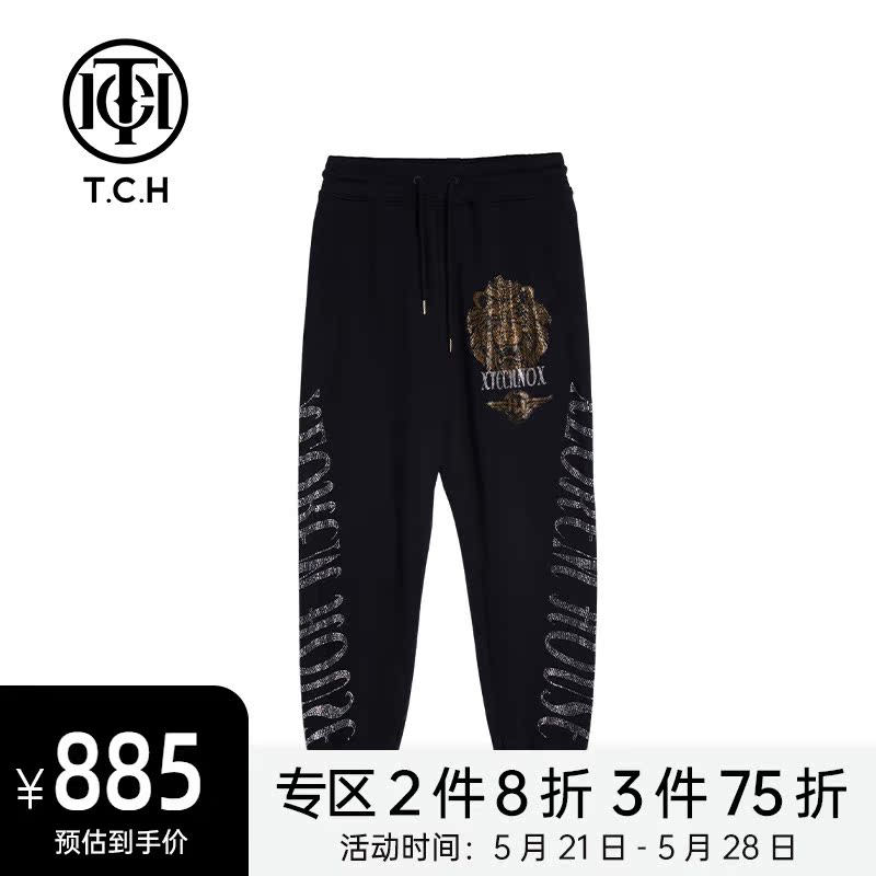 TCH轻奢潮牌烫钻抽绳纯棉休闲裤长裤男女同款T214206009