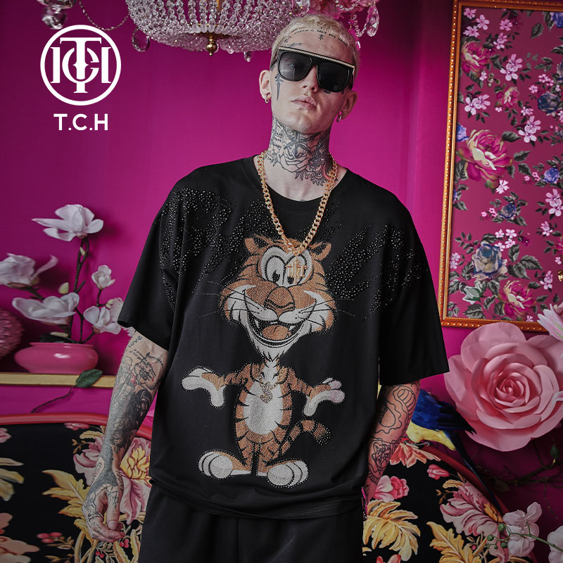 TCH轻奢潮牌短袖T恤宽松烫钻男女同款T66A106003