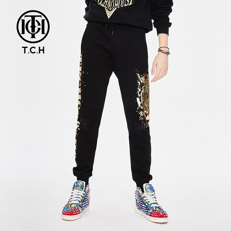 TCH轻奢潮牌长裤大C虎头烫金运动裤小脚男女同款T193208A17