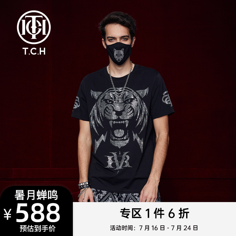 TCH潮牌男女T恤夏装宽松烫钻虎头T211106061
