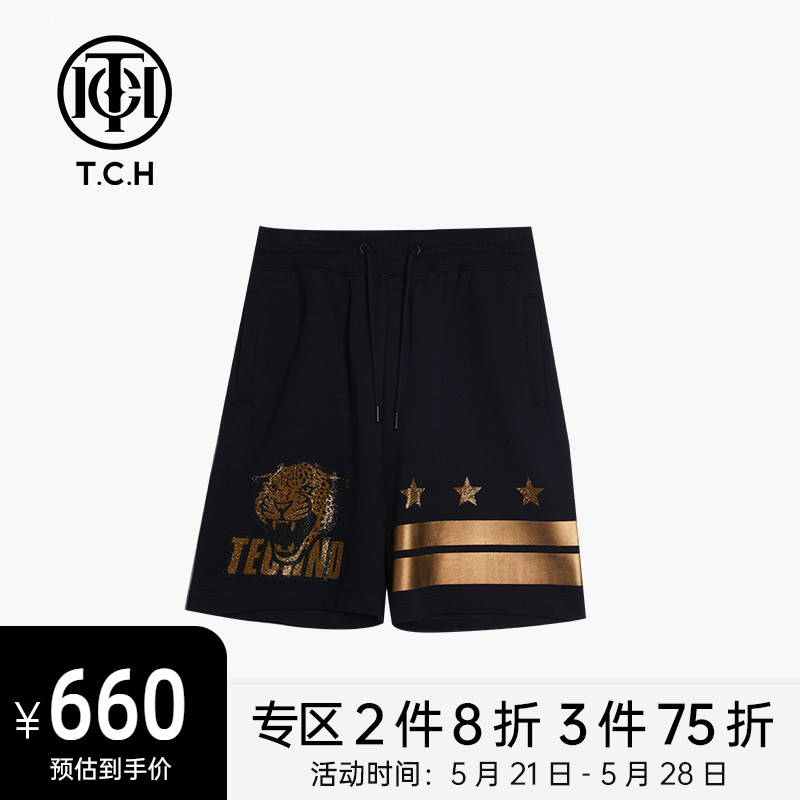 TCH潮牌烫钻休闲松紧腰抽绳纯棉宽松短裤男女同款T213216001