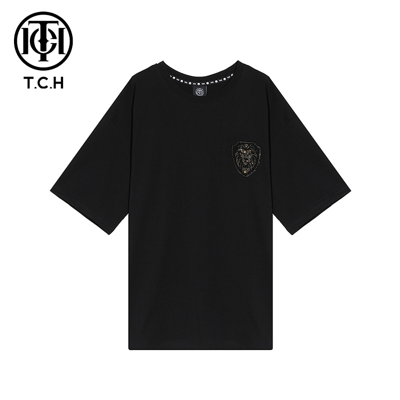 直播-TCH轻奢潮牌翅膀烫钻黑色T恤男女同款T21110C6230