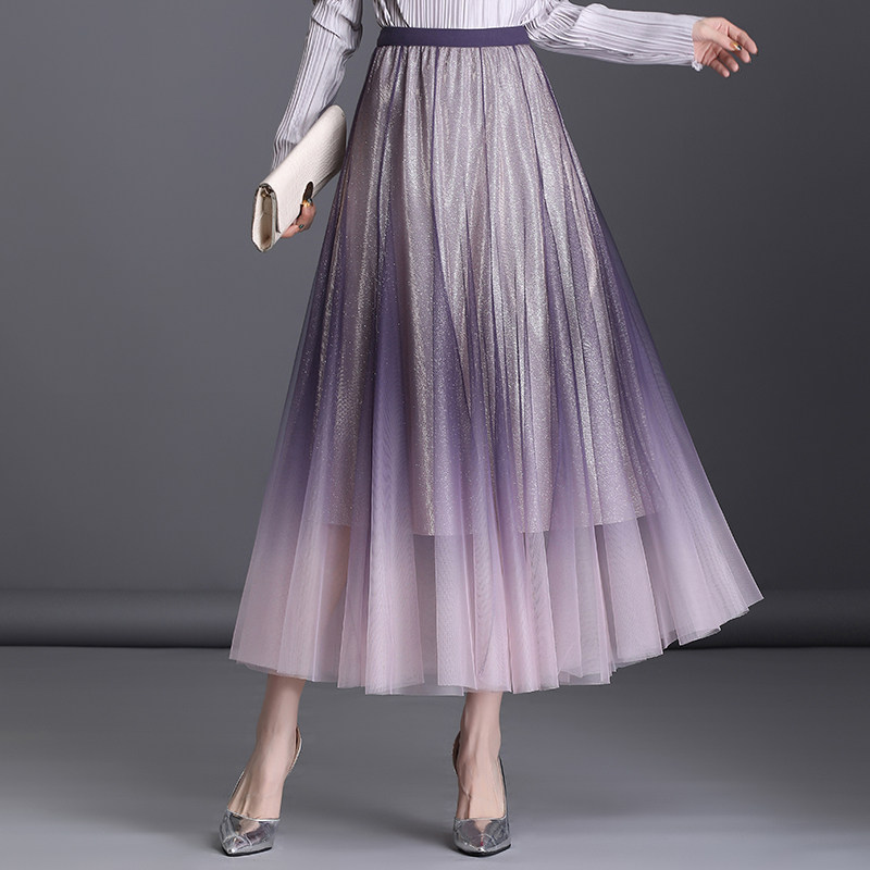 渐变纱裙大摆星空夏星空变色长裙流光百褶春款半身裙