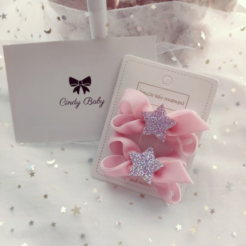 cindybaby手工宝宝发夹进口粉色星球绒球蝴蝶结儿童发饰