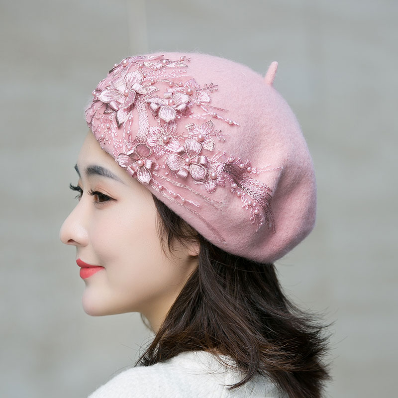 贝雷帽森系秋冬甜美美公主蕾丝刺绣立体花朵仙女帽子