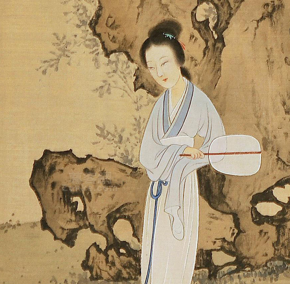 陈少梅仕女图团扇30x30仿古画名画复制品人物画名人字画书画喷绘