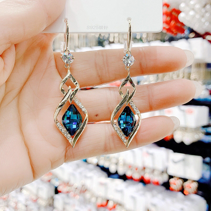 几何菱形耳环2021年新款潮女气质轻奢高级蓝色水晶耳环
