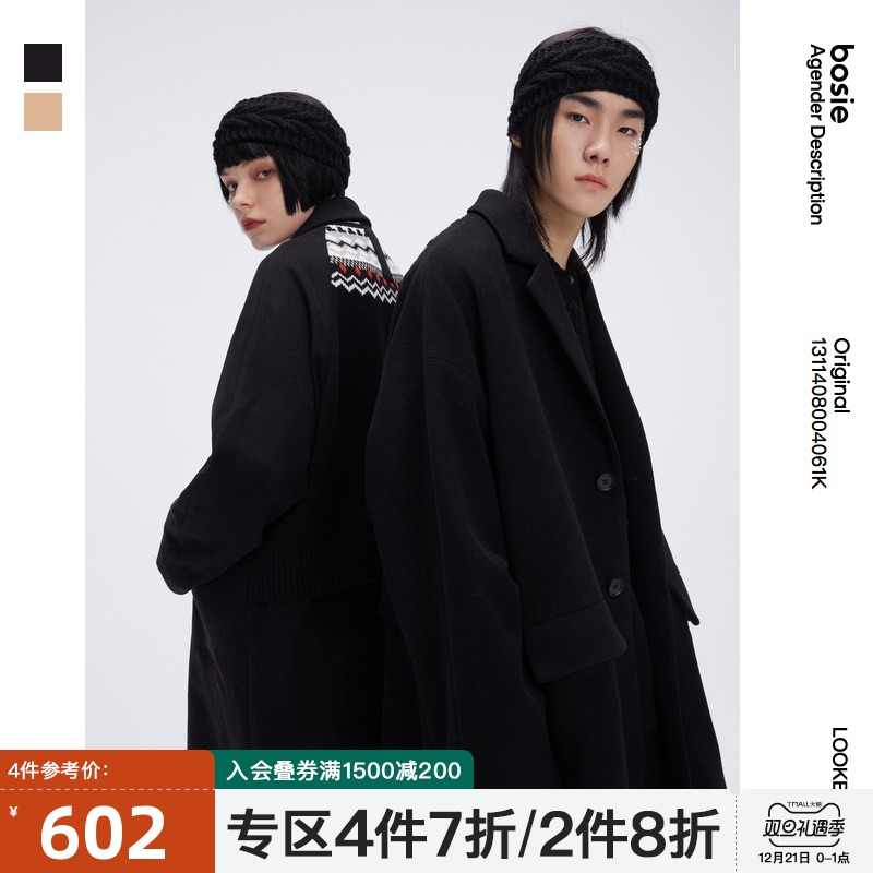 【彭昱畅同款】bosie Original2021年冬季新款复古毛呢大衣外套