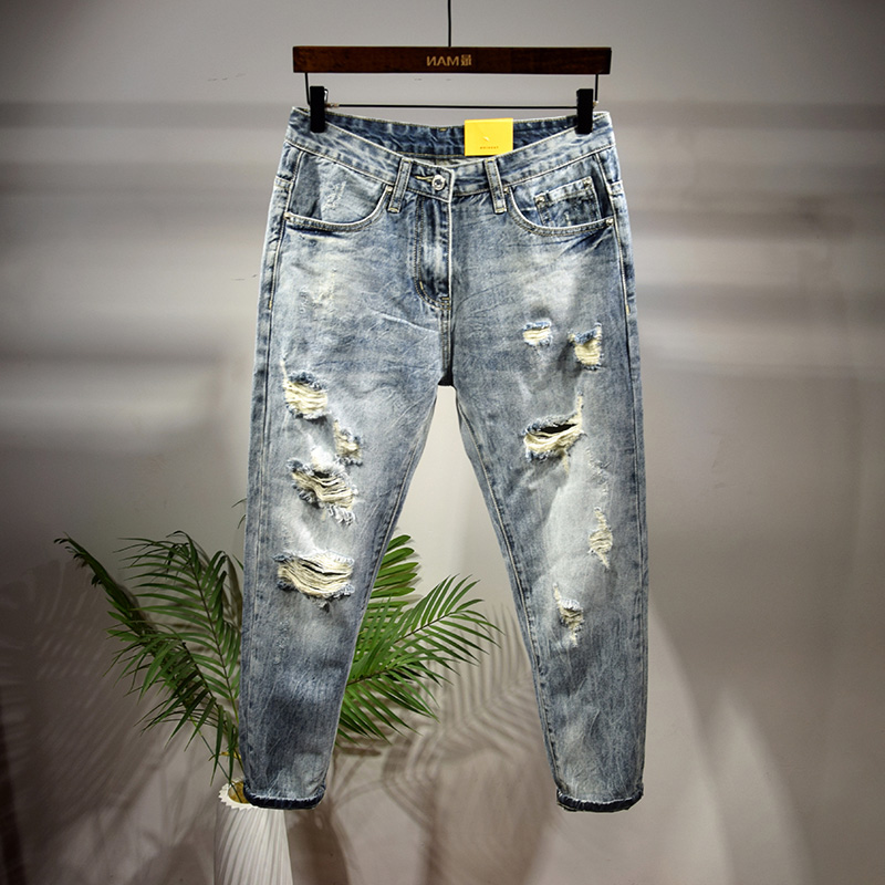 春季薄款牛仔裤男韩版青少年小脚九分裤春夏款潮男装破洞乞丐裤子