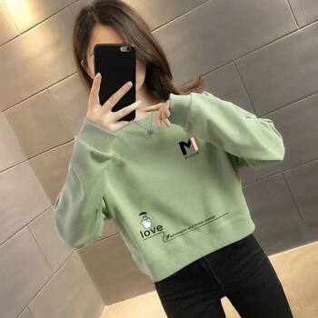 100% cotton spring and autumn style petite short round neck hooded sweatshirt for women loose fashionable high waist top with print