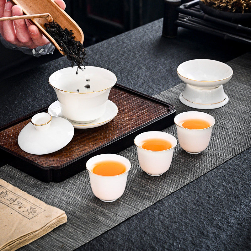 羊脂盖碗茶盘办公室茶杯泡茶茶壶盖碗茶陶瓷套装功夫茶具
