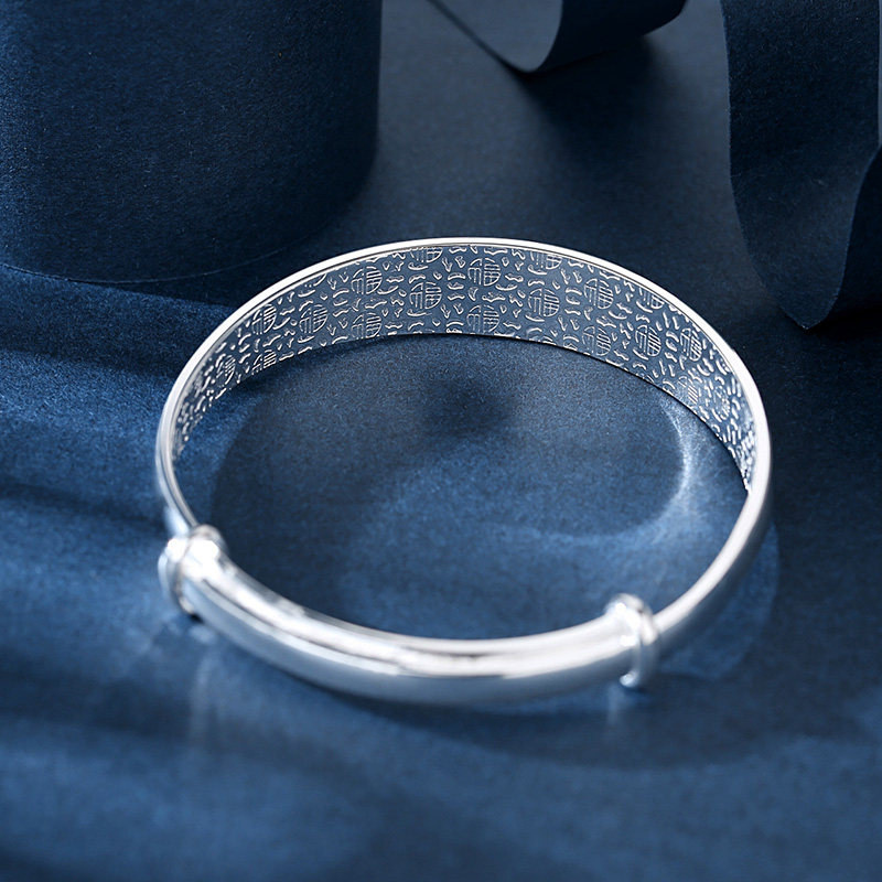 花纹节日女友妈妈镯子9999品足纹福心正银实手镯