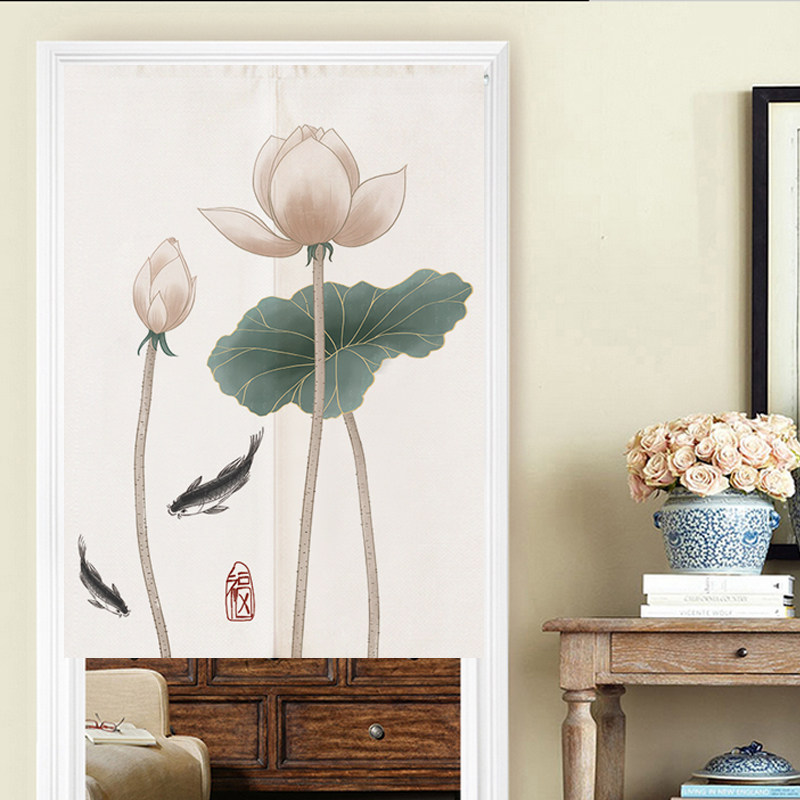 中式玄关打孔布帘国风关中遮挡门帘厨房隔断门帘