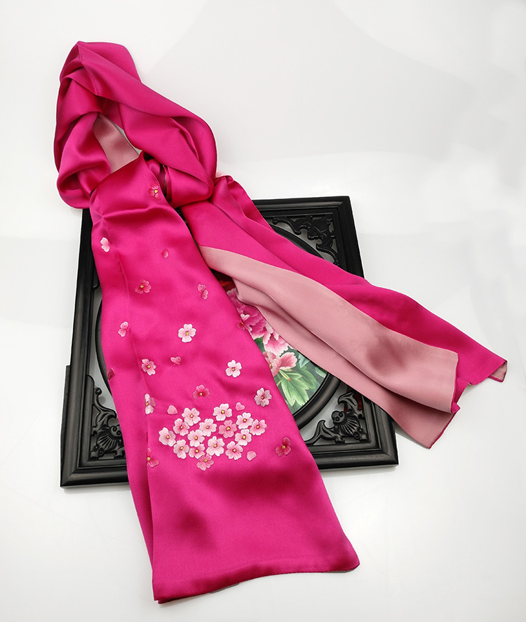 紫金湘绣手工绣花真丝围巾双层桑蚕蚕丝刺绣刺绣