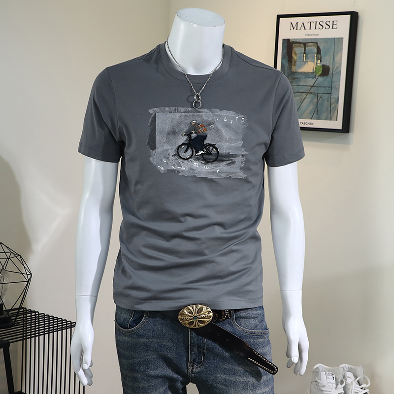 男士短袖t恤夏季人物刺绣印花2021新款个性青年圆领潮流修身上衣