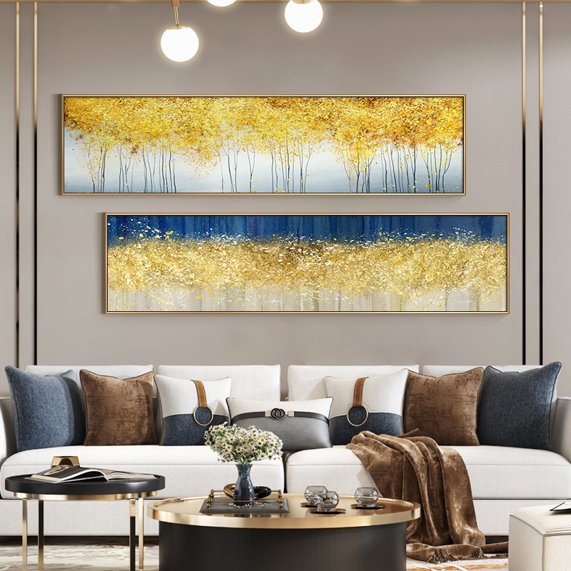 盐马手绘油画酒店床头长条装饰画横幅金雨组合现代装饰画