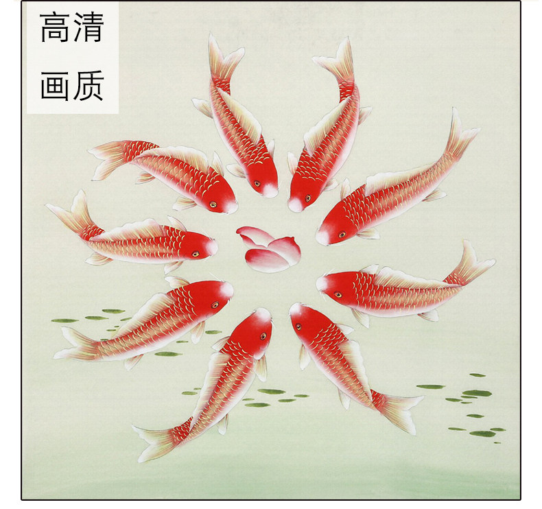 九鱼挂画寓意玄关中式新中式聚宝盆国画装饰画客厅国画