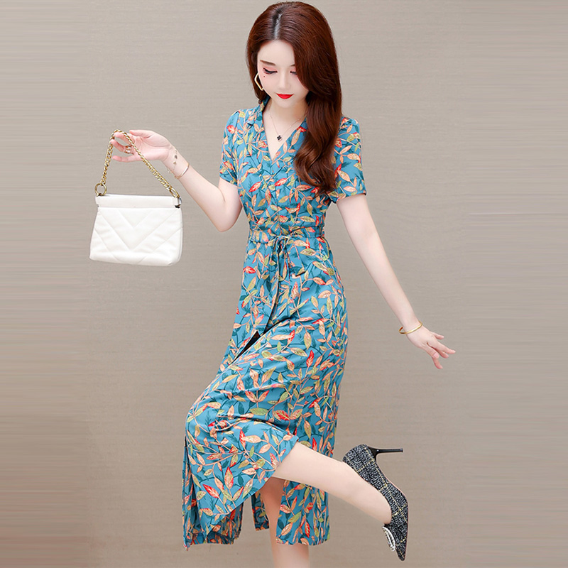 连衣裙女夏时尚妈妈品牌高端奢华大牌气质洋气40岁中年碎花长裙子