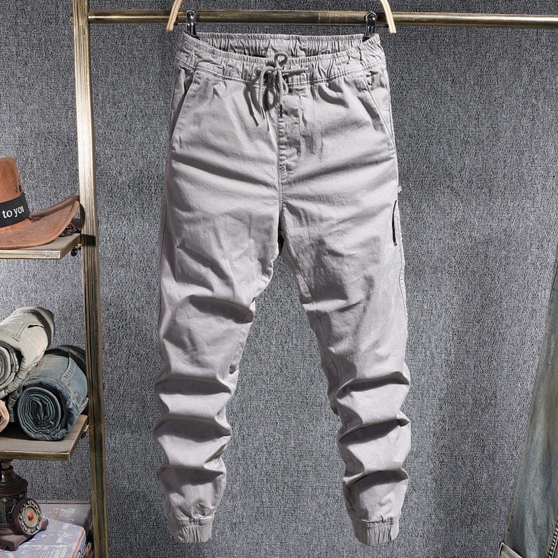 夏季松紧腰浅灰色韩版潮流休闲裤男士青年潮牌修身小脚束脚长裤子