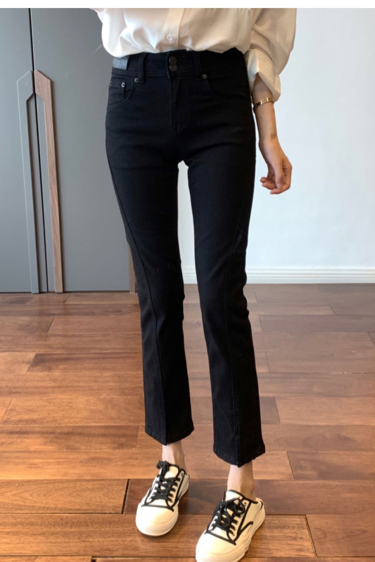 2021秋冬新款大码直筒牛仔裤女弹力黑色开叉胖妹妹高腰加绒阔腿裤