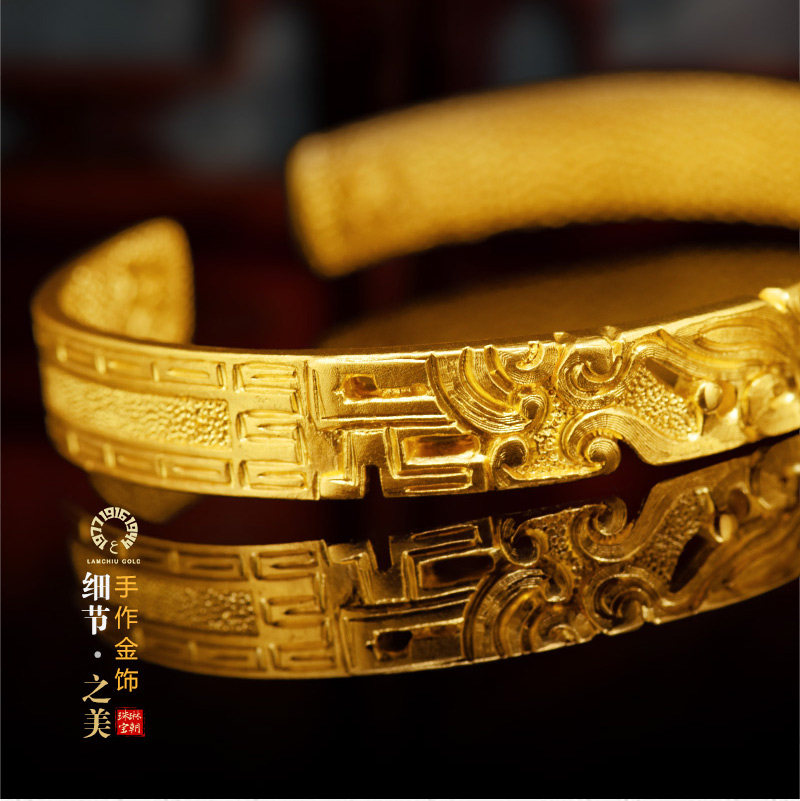 琳朝手新款古法工艺黄金手镯男款足金开口实心手饰